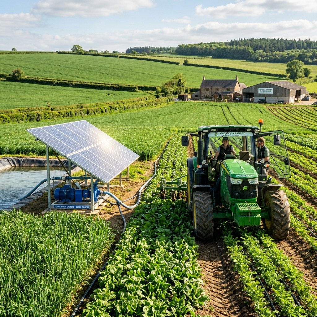 Lush green organic crop fields and modern farming tractor representing agricultural loans