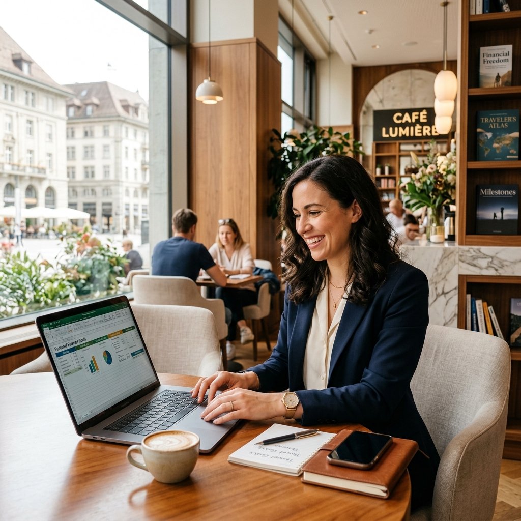 Happy professional working at laptop in cafe representing personal finance